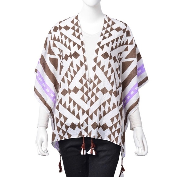 White, Brown and Purple Geometric Print Cotton Santa Fe Pattern Kimono w tassels - Picture 2 of 4